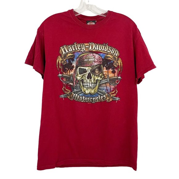 Harley-Davidson Red Pirate Graphic Tee Orlando Florida Short Sleeve Mens Medium - Picture 1 of 6